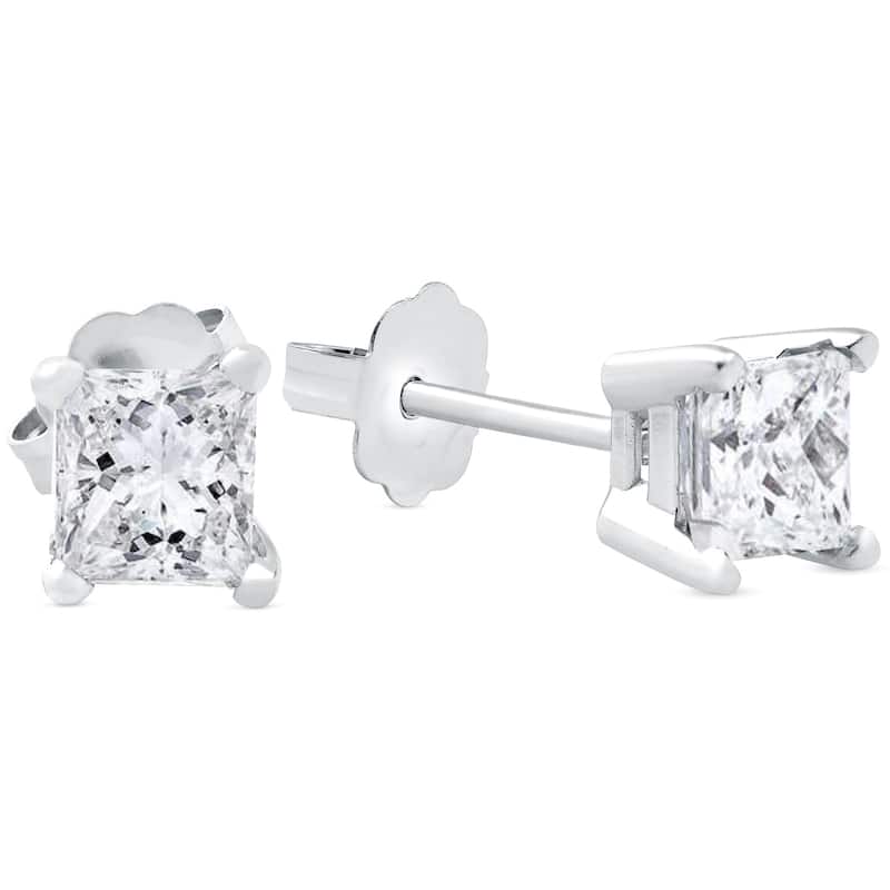 1ct Princess Cut Real Diamond Studs White Gold