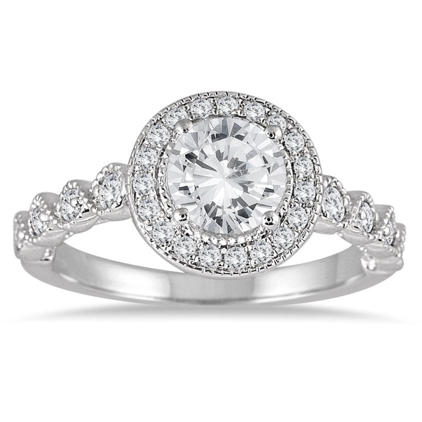 AGS Certified 1 1/3 Carat TW Diamond Halo Antique Engagement Ring in 14K White Gold (JK Color