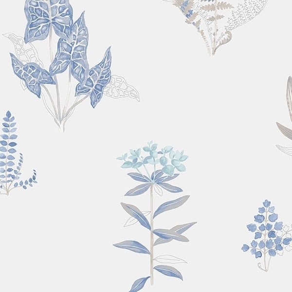 Ferns Allentown 32.7 Ft. x 20.5 In. Vinyl Baby Blue Tropical Plants Wallpaper Covering