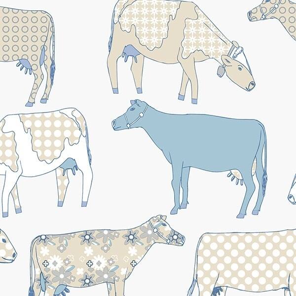 Cow Parade Petersburg 32.7 Ft. x 20.5 In. Vinyl Blue Cows Floral Toile Wallpaper Covering