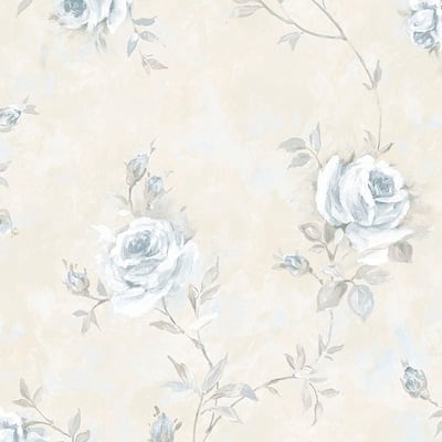 Painted Rose Trail Brentwood 32.7 Ft. x 20.5 In. Vinyl Light Blue Vineyard Roses Wallpaper Covering