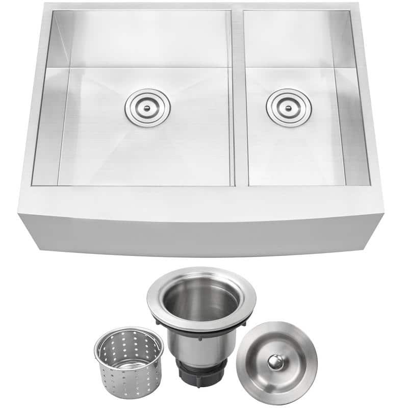 30" Ticor S4409 Bryce Series Curved Apron Front 16-Gauge Stainless Steel Double Basin Zero Radius Kitchen Sink