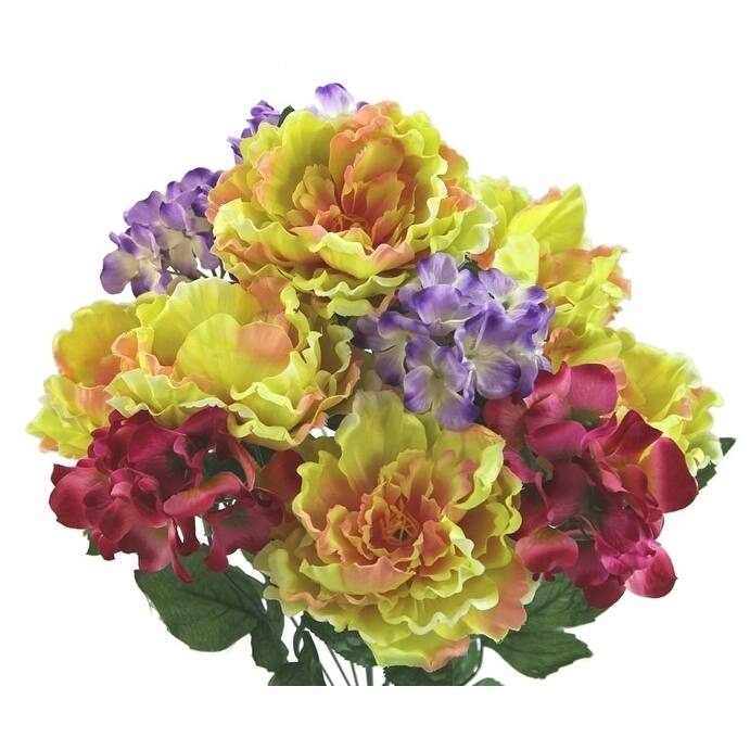 12 Stems Faux Peony & Hydrangea Mixed Flower Bush - GPB7320-YW/BT/LAV