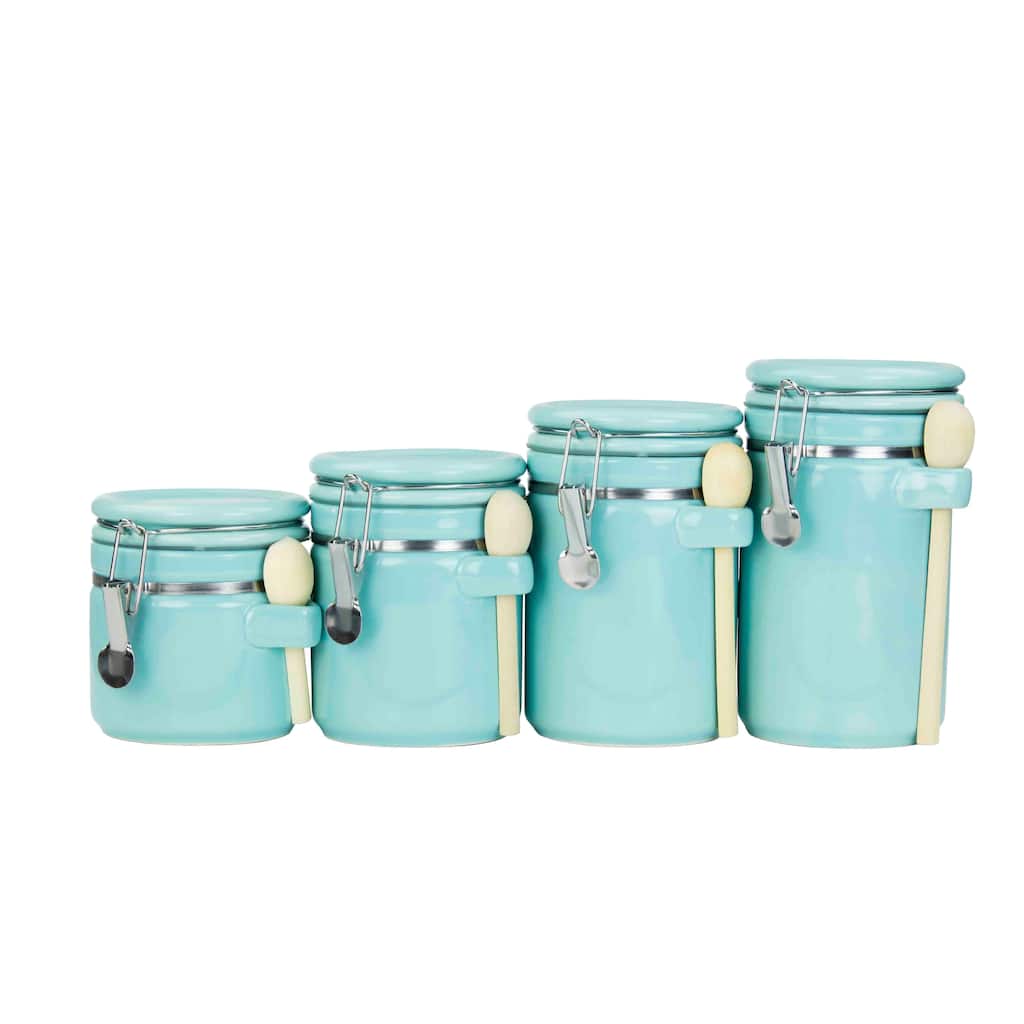 Home Basics Blue 4-piece Ceramic Canister Set with Wooden Spoon