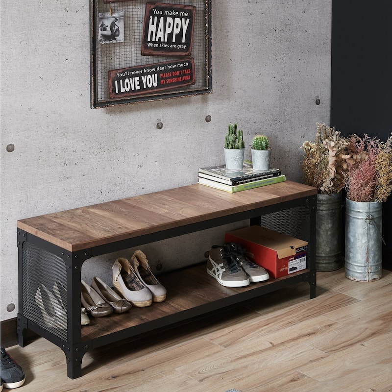 Maua Rustic Reclaimed Oak Metal Storage Entryway Bench by Furniture of America