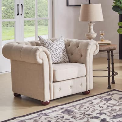 Knightsbridge Beige Linen Tufted Scroll Arm Chesterfield Chair by iNSPIRE Q Artisan