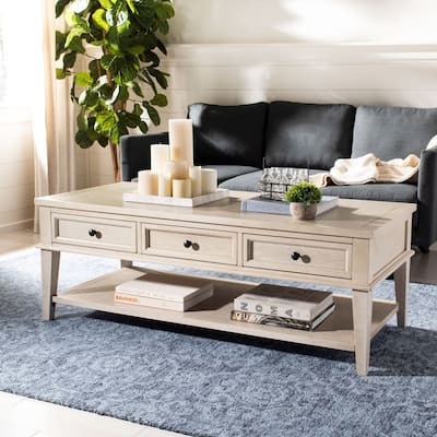 SAFAVIEH Manelin White Washed Coffee Table With Storage Drawers - 54" W x 23.6" D x 19.3" H