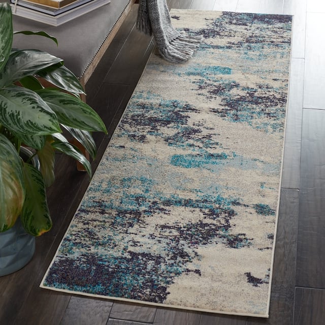 Nourison Modern Abstract Sublime Area Rug - 2'2" x 7'6" Runner - Ivory/Blue