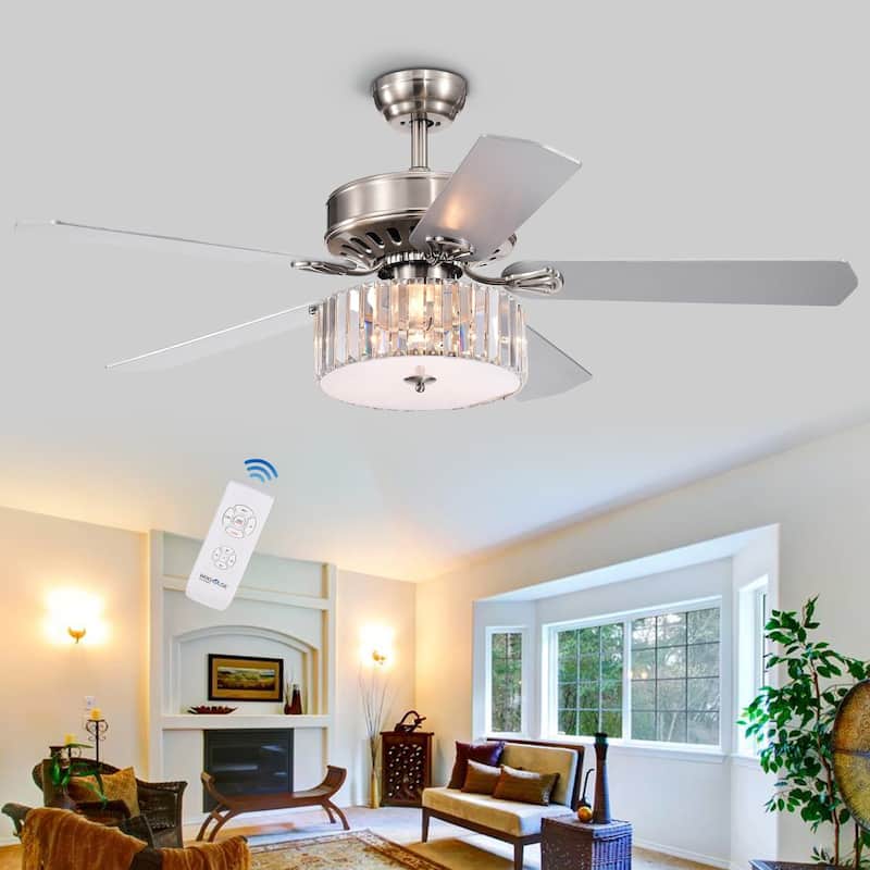 Kimalex 52-inch 3-light 5-blade Lighted Ceiling Fan with Wood Nickel Crystal Shade (Optional Remote)