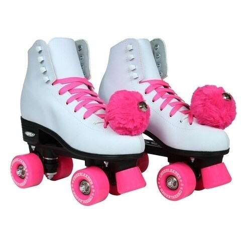 White Epic Classic High-Top Quad Roller Skates with Pink Outdoor Wheels 