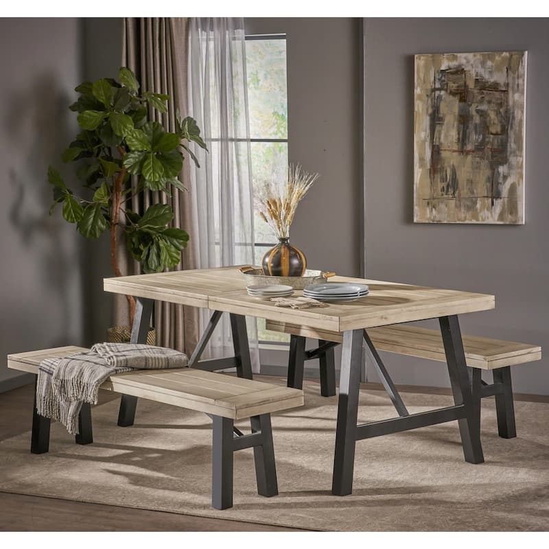 Cottage 3-piece Acacia Wood Picnic Dining Set by Christopher Knight Home - Light Grey Wash + Black