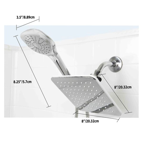 Square Chrome Overhead Rain Shower Kit Dual Rigid Riser Rainfall Head and Hand Held Shower Twin Bath Set for Bathroom with Fittings Stainless Steel