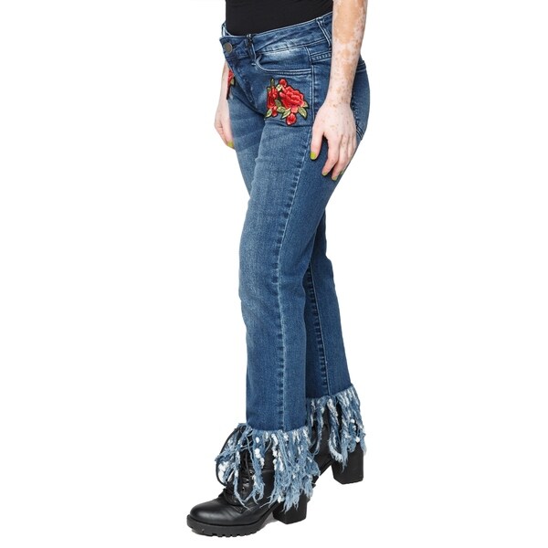 denim capris with fringe