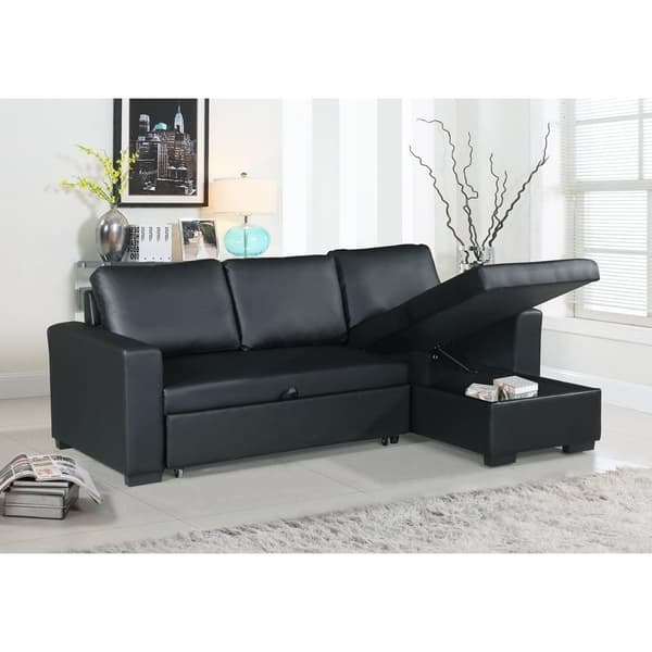 Faux Leather Convertible Sectional with Storage Black - Bed Bath ...