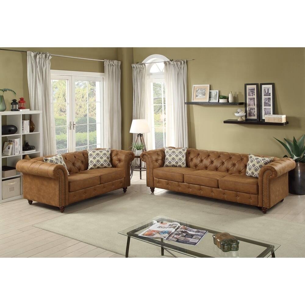 Leatherette Rolled Arm 2 Pieces Sofa Set In Camel Brown