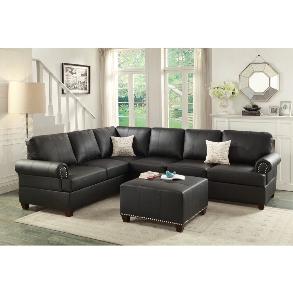 Bonded Leather 2 Pieces Reversible Sectional In Black Black Americana