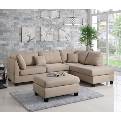 Linen Fabric 3 Pieces Sectional In Sand Beige