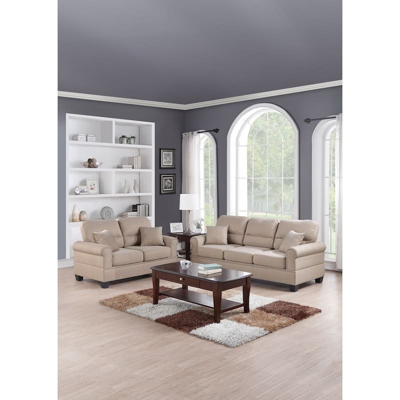Sand Fabric 2 Pieces Sofa Set With Pillows In Beige