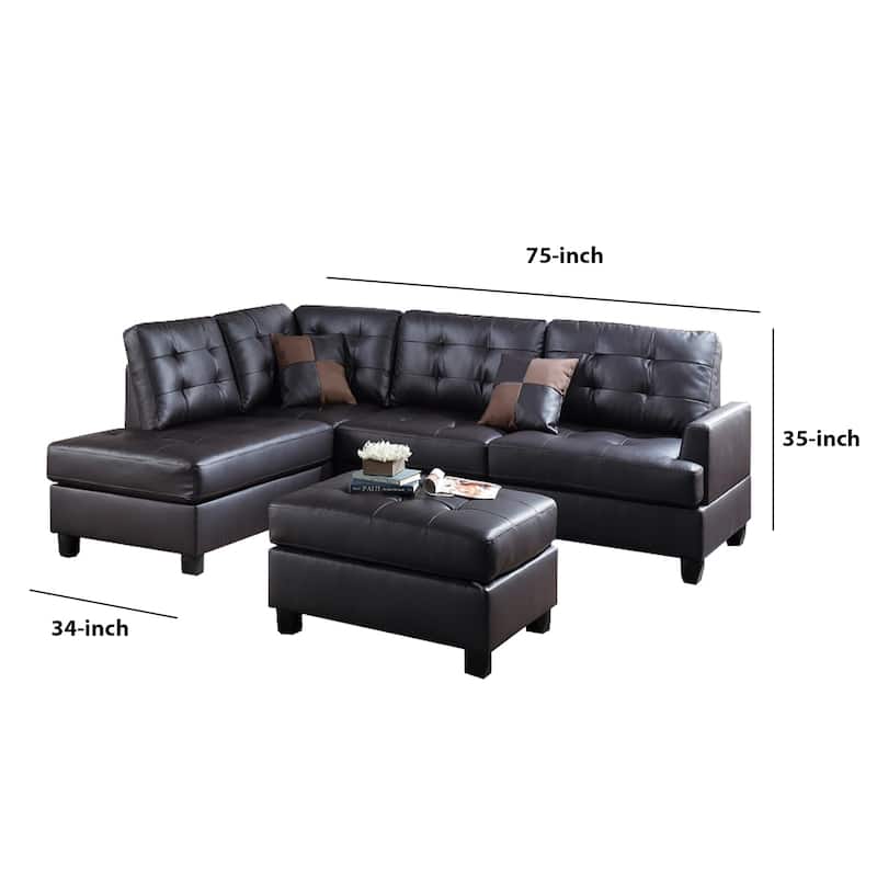 Faux Leather 3 Pieces Sectional Set In Espresso Brown