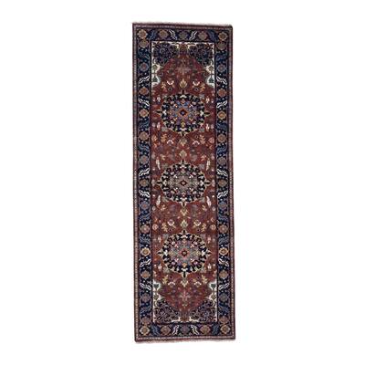 Shahbanu Rugs Navy Blue Antiqued Heriz Re-creation Hand Knotted Runner Rug - 2'7" x 8'0"