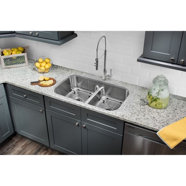 32-1/2 in. 50/50 Low Divider Stainless Steel Kitchen Sink & Industrial  Faucet - Bed Bath & Beyond - 20631654