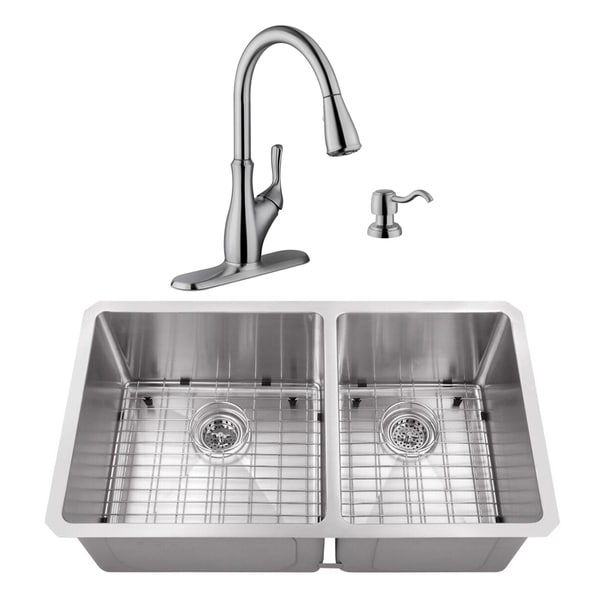 32 in. 60/40 Radius Corner Stainless Steel Kitchen Sink & Transitional Faucet