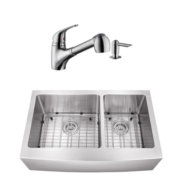 35-7/8 in. 60/40 Apron Front Stainless Steel Kitchen Sink & Low Profile Faucet