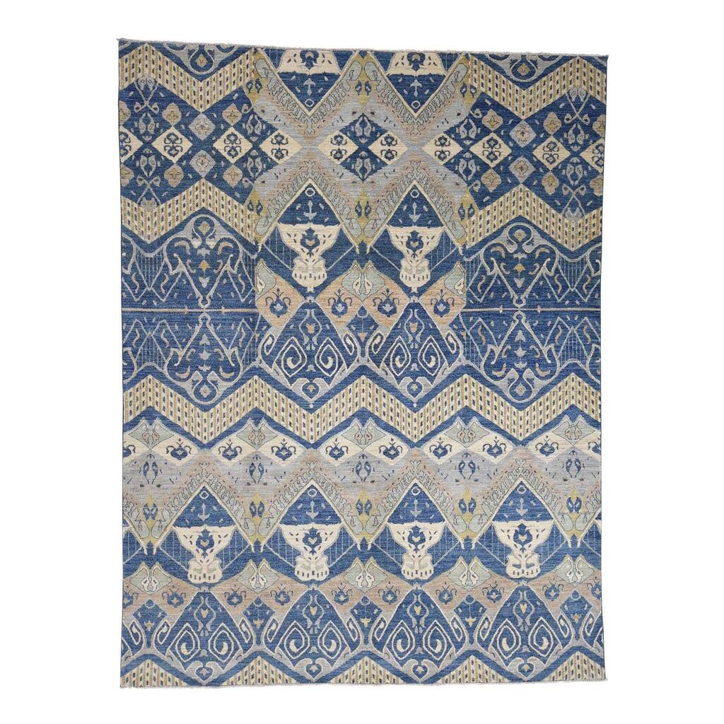 Shahbanu Rugs Denim Blue Ikat Design Peshawar Pure Wool Hand Knotted Oriental Rug - 9'1" x 12'3"