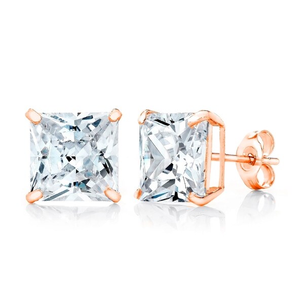18k Rose Gold Plated Sterling Silver 10mm Princess Cut Genuine 18k Rose Gold Plated Sterling Silver 10mm Princess Cut Genuine Cubic Zirconia Stud Earrings