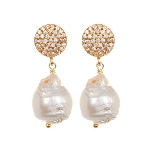 Shop 18K Gold plated Sterling Silver Pave Cubic Zirconia Drop Baroque Pearl Earrings - On Sale ...