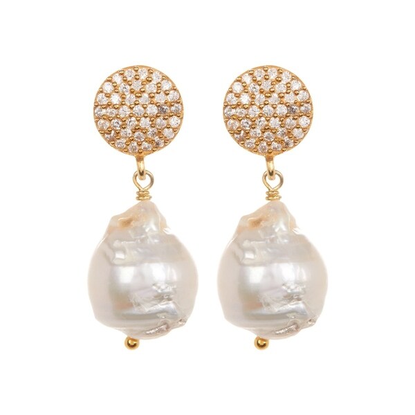 18k Gold Plated Sterling Silver Pave Cubic Zirconia Drop Baroque 18k Gold Plated Sterling Silver Pave Cubic Zirconia Drop Baroque Pearl Earrings