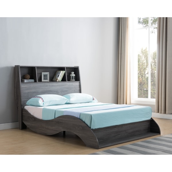 Sage Distressed Grey Platform Bed with Headboard