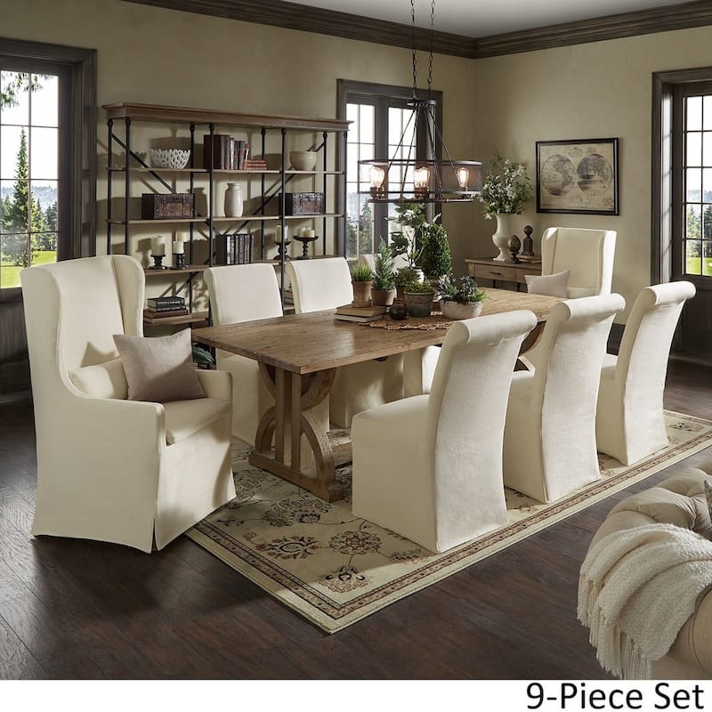 Paloma Reclaimed Wood Rectangular Dining Set with Rolled Back Cream Cotton Chairs by iNSPIRE Q Artisan