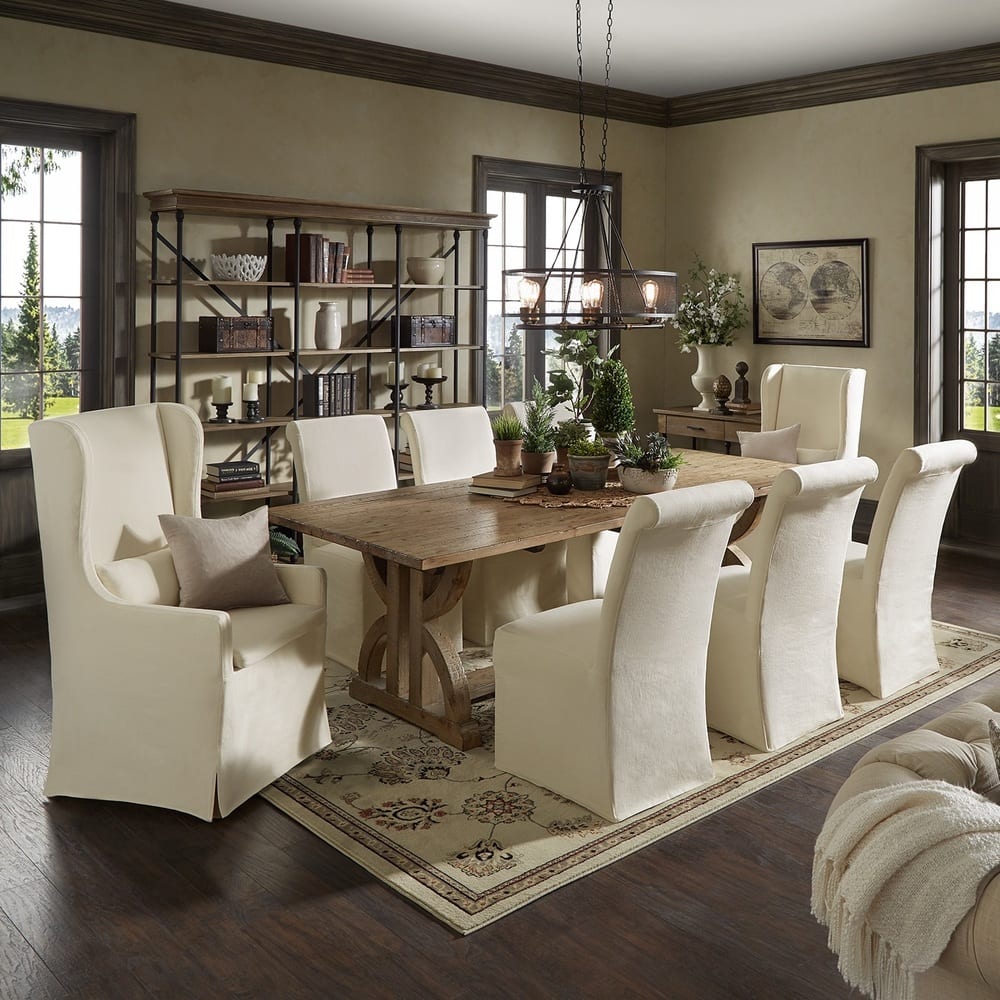 Paloma Reclaimed Wood Rectangular Dining Set with Rolled Back Cream Cotton Chairs by iNSPIRE Q Artisan