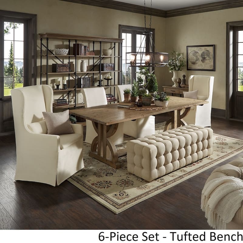 Paloma Reclaimed Wood Rectangular Dining Set with Rolled Back Cream Cotton Chairs by iNSPIRE Q Artisan