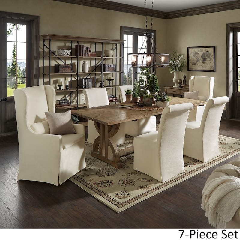 Paloma Reclaimed Wood Rectangular Dining Set with Rolled Back Cream Cotton Chairs by iNSPIRE Q Artisan
