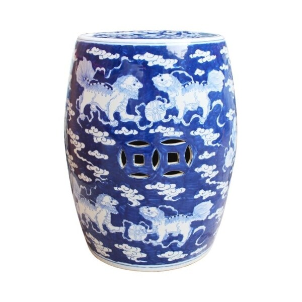 Handmade Porcelain Lion Motif Table or Stool