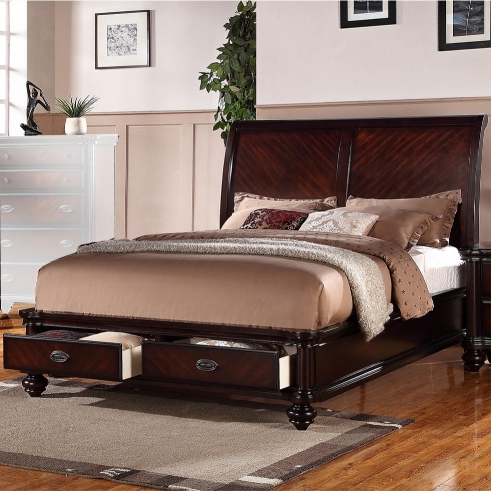 Immaculate Wooden Cal King Bed With 2 Under Bed Drawers Smooth Cherry Finish Overstock 20649464