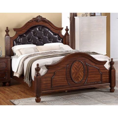 Transitional Wooden E.King Bed with PU-HB & Circular Floral Design, Cherry Finish
