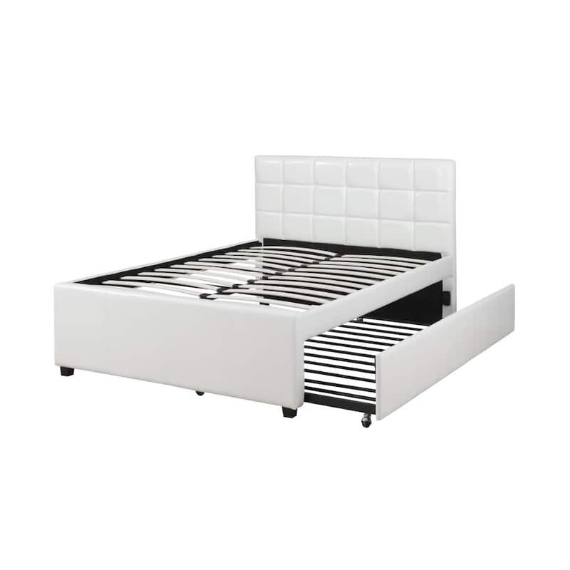Gracious Wooden Full Bed with Trundle and SQU Tufted HB, White