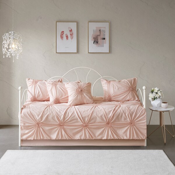 Madison Park Lorilyn Blush 6-piece Day Bed Cover Set with Elastic Embroidery