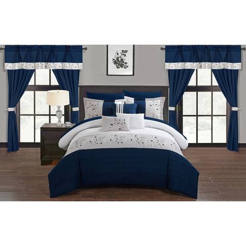 Chic Home Sonjae Navy Color Block Floral 20-Piece Bed in a Bag Set