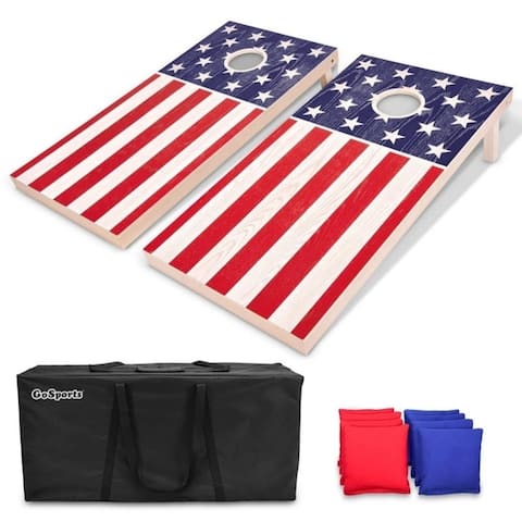 GoSports Regulation Size Solid Wood Cornhole Set - American Flag - Includes Two 4' x 2' Boards, 8 Bean Bags, Carrying Case