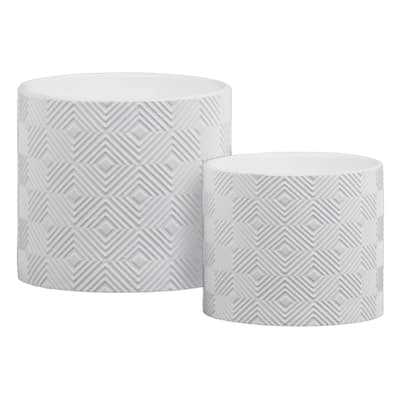 UTC54907: Stoneware Cylindrical Pot with Embossed Lattice Concentric Diamond Design Body Set of Two Matte Finish White