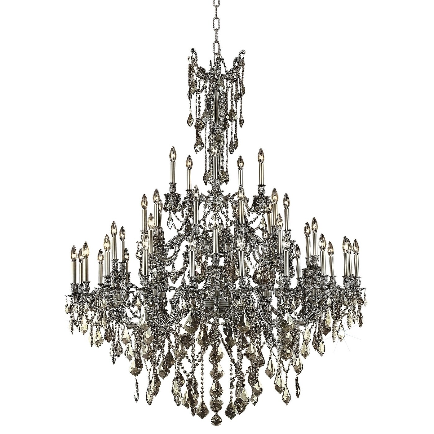 Fleur Illumination Collection Chandelier D:54in H:66in Lt:45 Pewter Finish (Royal Cut Crystals) (Pewter/swarovski elements/golden teak (smoky)) - Chandeliers For Bedrooms by Overstock.com