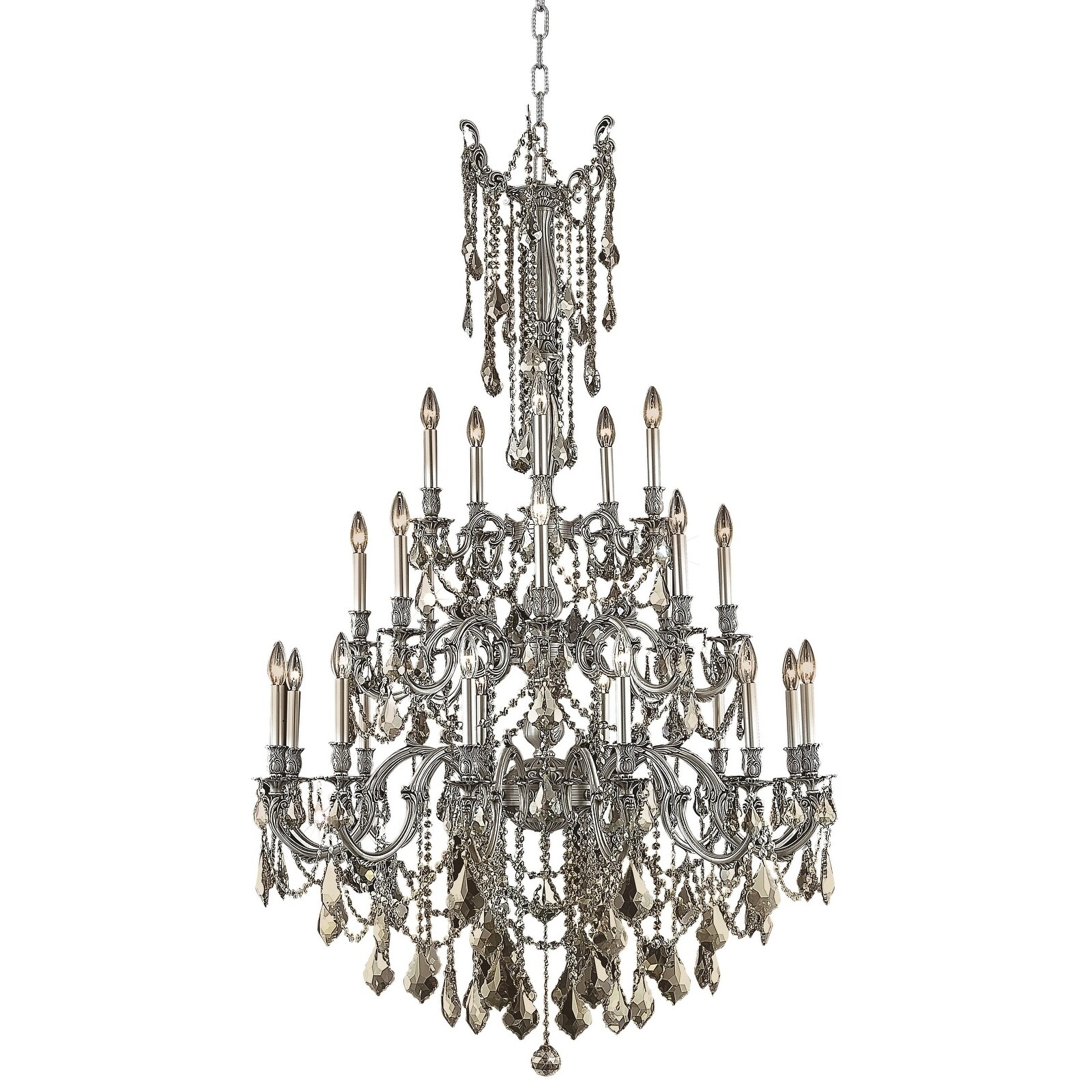 Fleur Illumination Collection Chandelier D:38in H:62in Lt:25 Pewter Finish (Royal Cut Crystals) (royal cut/Pewter/golden teak (smoky)) - Chandeliers For Bedrooms by Overstock.com