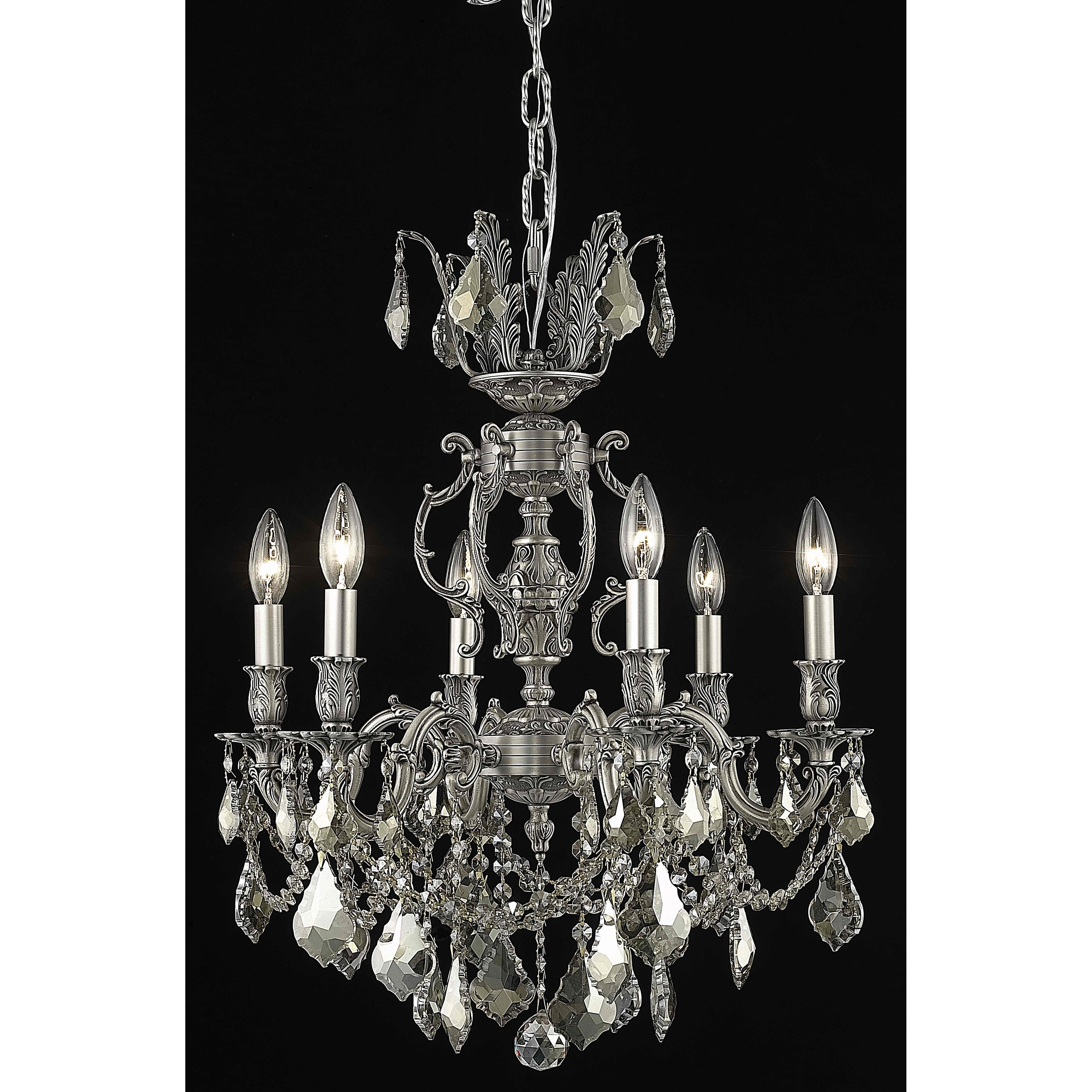 Fleur Illumination Collection Chandelier D:20in H:23in Lt:6 Pewter Finish (Royal Cut Crystals) (Pewter/swarovski elements/golden teak (smoky)) - Chandeliers For Bedrooms by Overstock.com