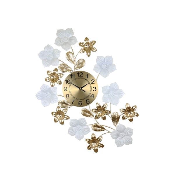 Shop Gold And White Metal Wall Clock With White Flowers 34 ...