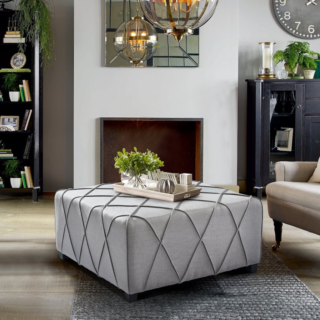 Armen Living Gemini Contemporary Ottoman in Silver Linen with Piping Accents and Wood Legs