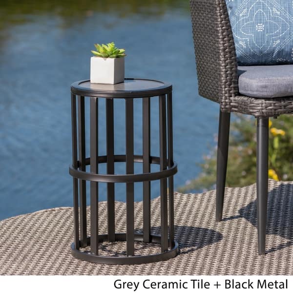 slide 3 of 6, Carlo Outdoor Industrial 11-inch Ceramic Tile Side Table by Christopher Knight Home grey ceramic tile + black